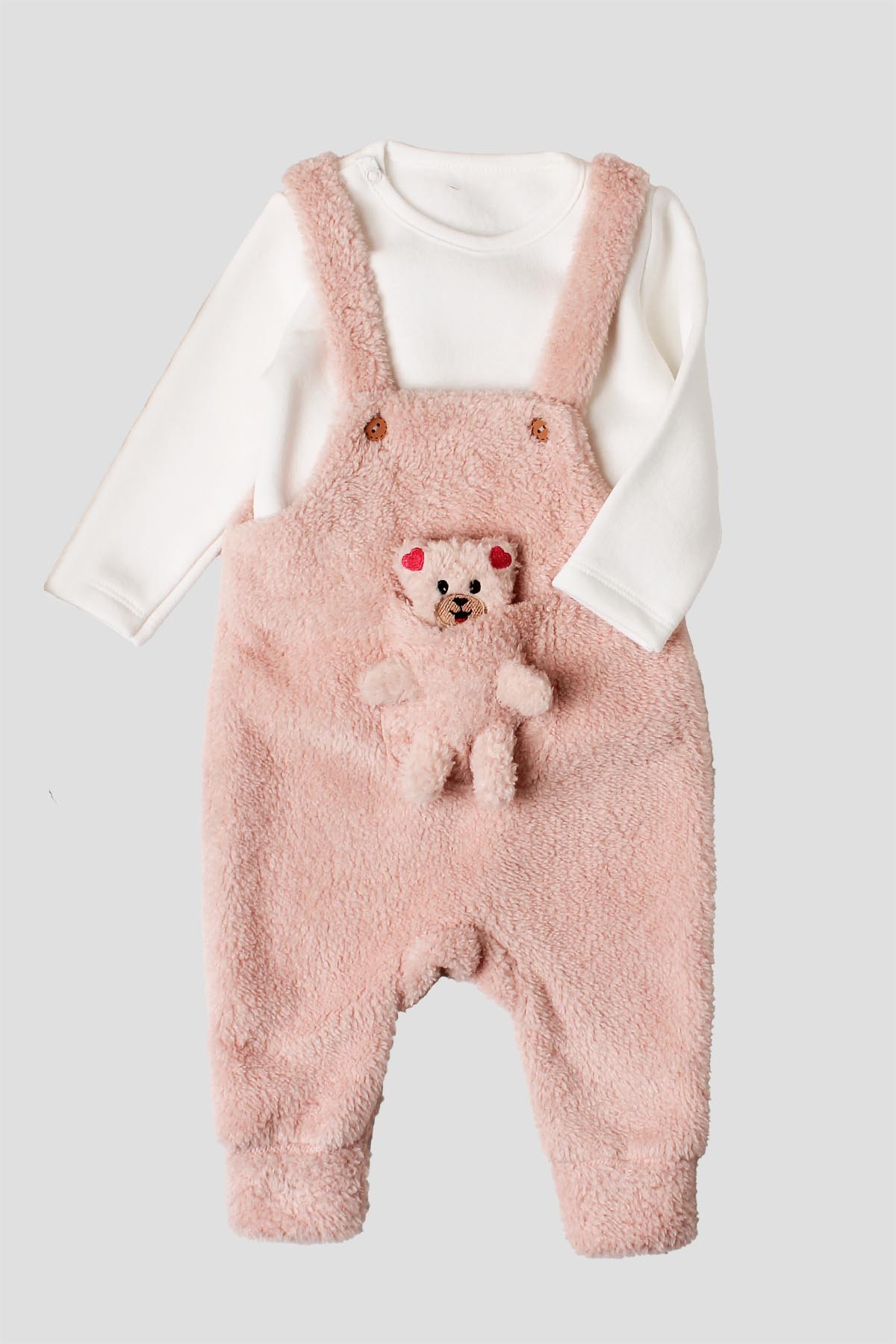Kız Bebek Peluş Ayıcık Cepli Askılı Tulumlu 2’li Takım 6-24 Ay